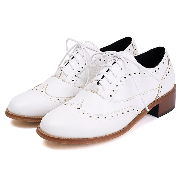 Patchwork Solid Color Round Toe Low Block Heel Lace Up Brogue Oxfords