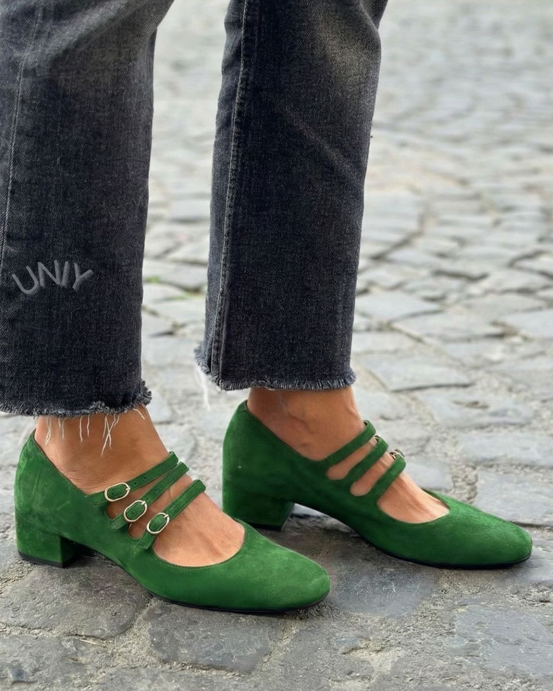Emerald Green Suede Multi Buckle Strap Mid Block Heels [Pre Order]