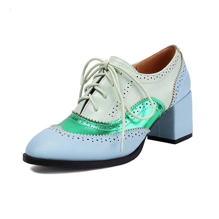Scarpe Oxford Brogue con Tacco Grosso e Lacci, Punta Rotonda e Patchwork Color Block 