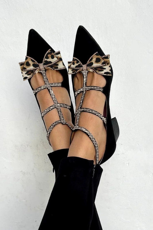 Schwarze spitze Zehen Leoparden Schleife Patchwork Kunstwildleder Blockabsätze [Vorbestellung]