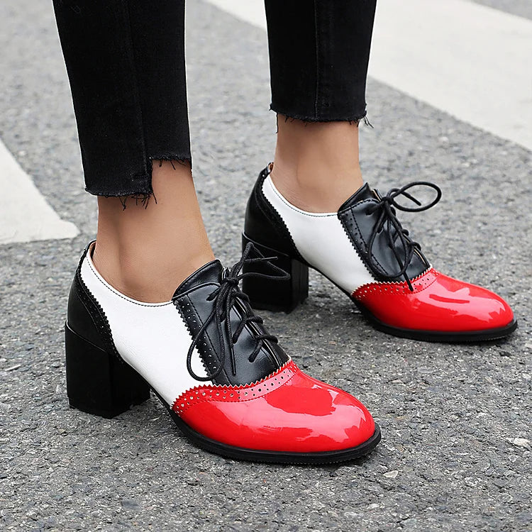 Lace Up Colorblock Round Toe Chunky Heel Brogue Oxfords