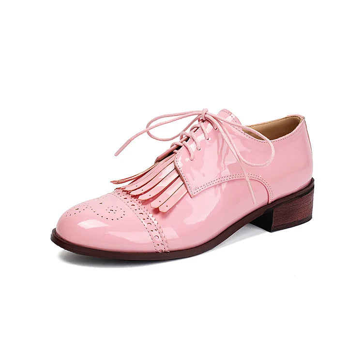Oxfords z okrągłym noskiem, sznurowane, z ozdobnym frędzlem w jednolitym kolorze