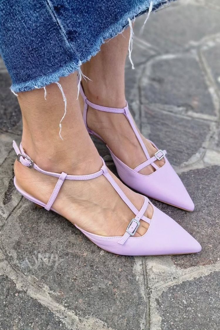 Scarpe con tacco a spillo, cinturino alla caviglia con fibbia e cinturino a T color lavanda viola [Pre-ordine]