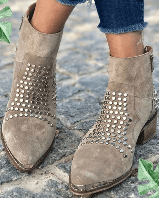 Studded Suede Textured Pointy Toe Chunky Boots