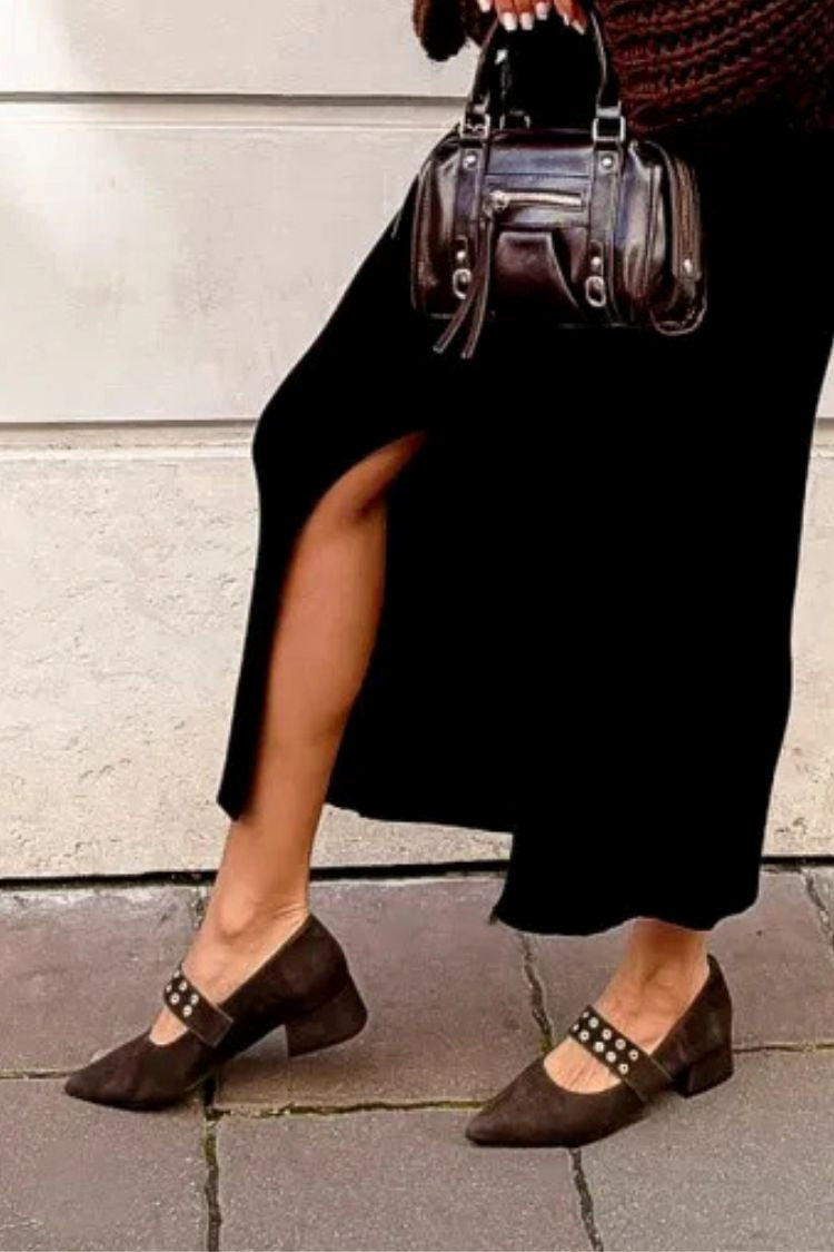 Coffee Pointed Toe Suede Wide Strap Low Block Heels [Pre Order]