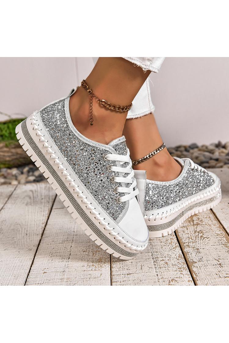 Sneakers casual con lacci e punta tonda con patchwork scintillante e dettagli cuciti 