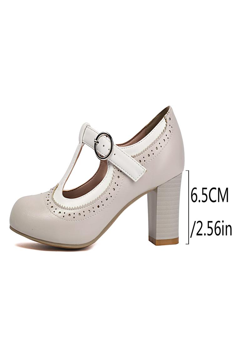 Colorblock T-Strap Buckle Round Toe Elegant Chunky Heels