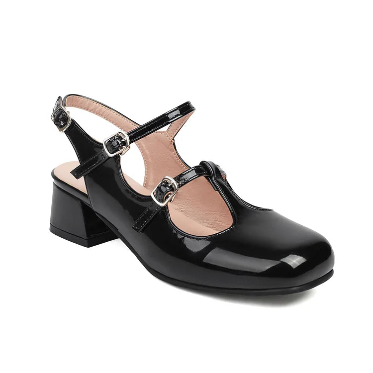 Cinghie sul collo del piede, fibbie, tinta unita, punta quadrata, cinturino posteriore, tacco grosso