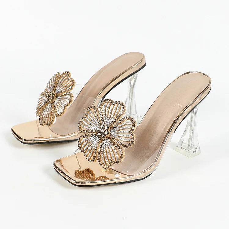 Colorblock Rhinestone Flower Decor Square Toe Sandal Heels