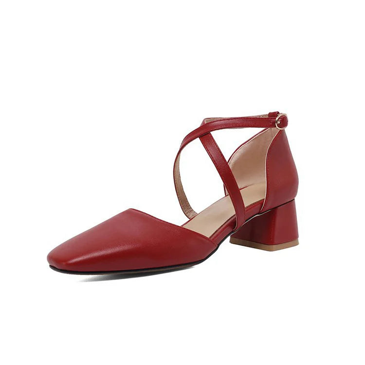 Scarpe con tacco grosso, punta quadrata, fibbia e cinturino incrociato, tinta unita