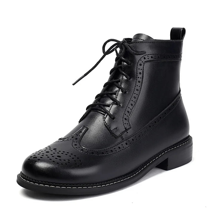 Stivaletti alla caviglia con lacci e punta tonda traforata in tinta unita