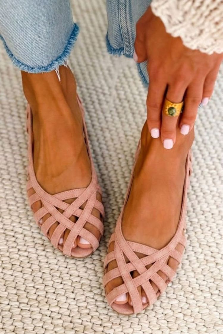Chic Dusty Pink Suede Strappy Woven Cut-Out Flats [Pre Order]