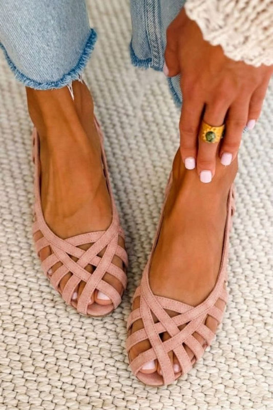 Chic Dusty Pink Suede Strappy Woven Cut-Out Flats [Pre Order]