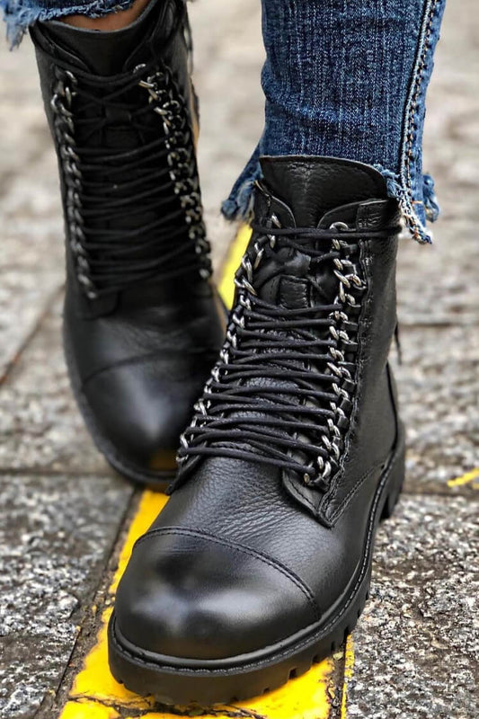 Black Leather Chain-Detail Lace-Up Ankle Boots [Pre Order]