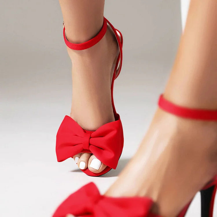 Bow Trim Peep-Toe Ankle Strap Mid Heel Stilettos