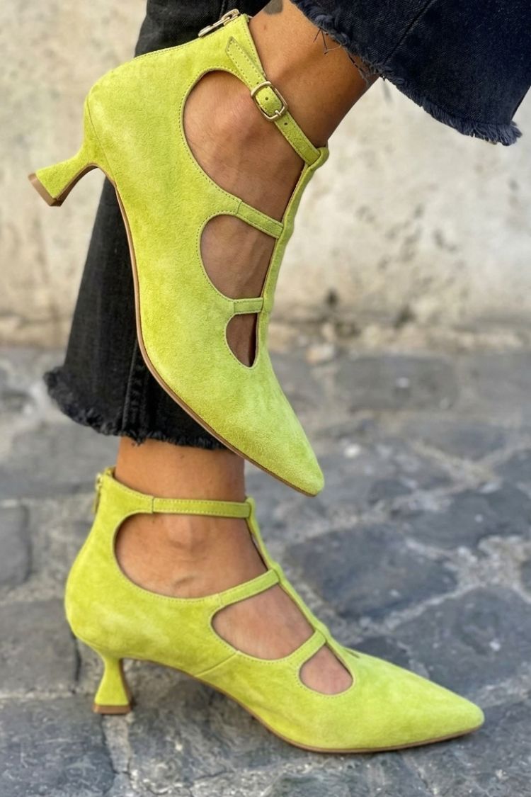 Hollow Out Ankle Strap Zip Pointed Toe Purple Kitten Heels