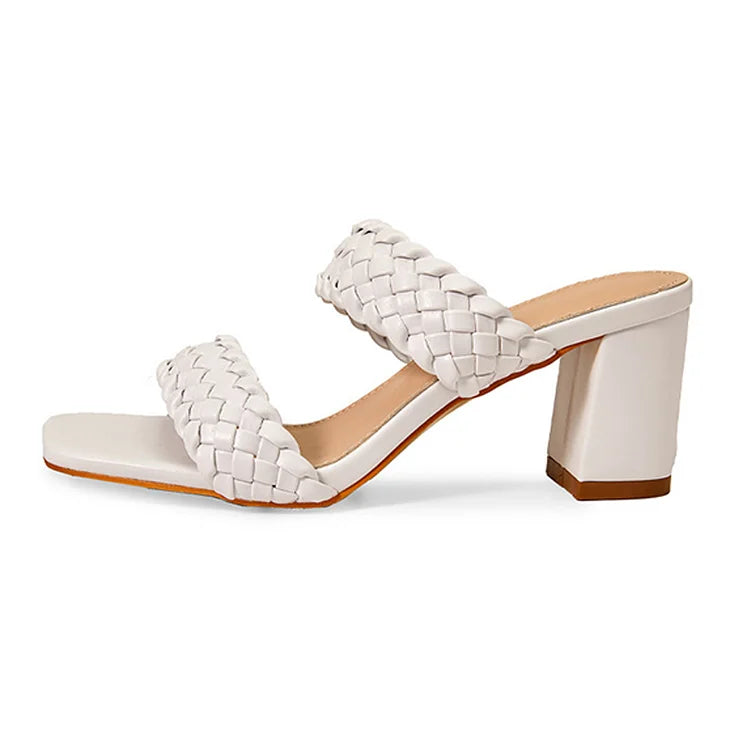 Woven Solid Color Square Toe Casual Sandals Chunky Heels