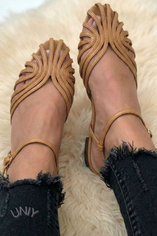 Chic Camel Strappy Cutout Peep Toe Flat Fashion Sandals [Pre Order]