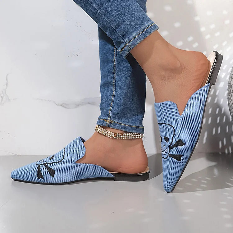 Casual Skull Print Pointy Toe Breathable Knit Mules