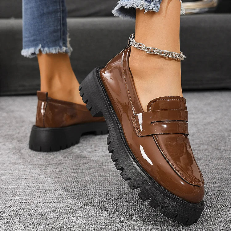 Patchwork Round Toe Low Block Heel Casual Slip On Loafers