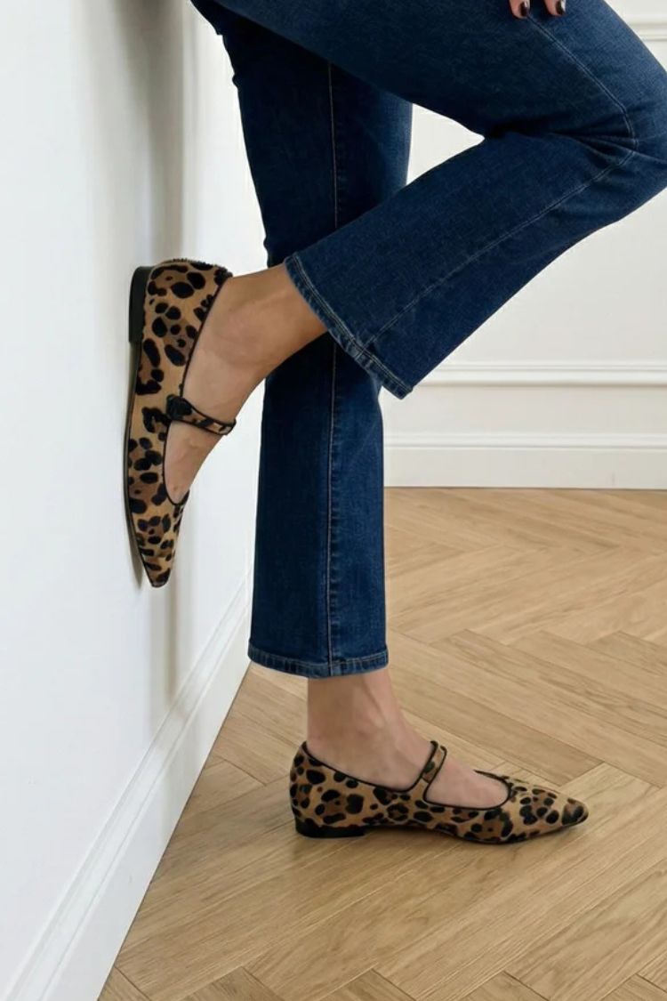 Ballerine Mary Jane a punta vintage in pelo di vitello stampa leopardo [Pre ordine]
