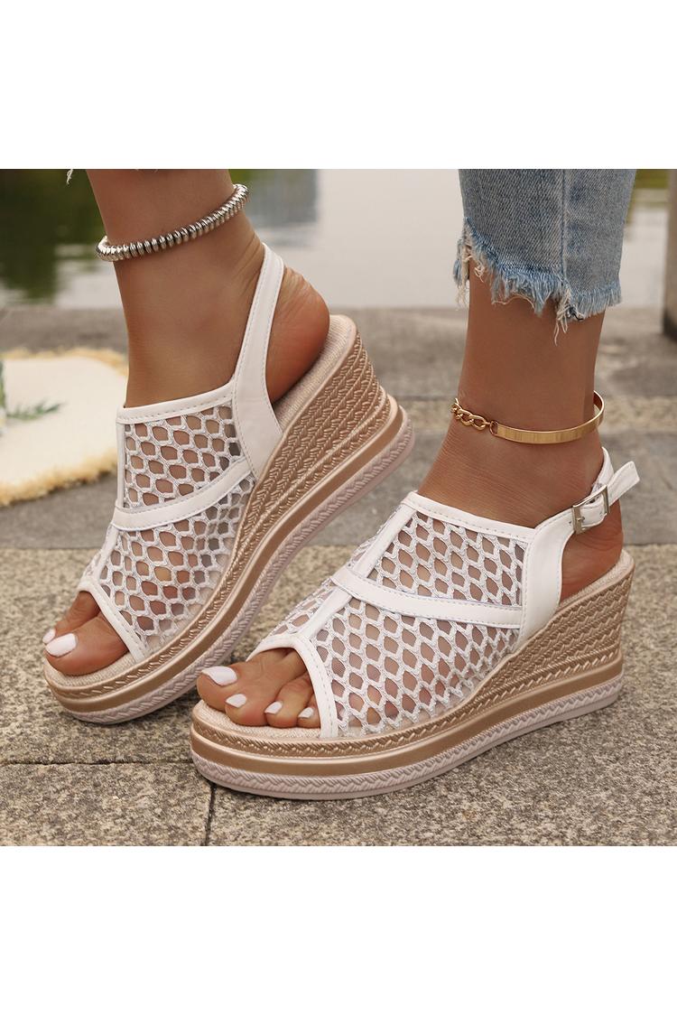 Zeppe casual in rete con cinturino alla caviglia con fibbia e punta aperta patchwork