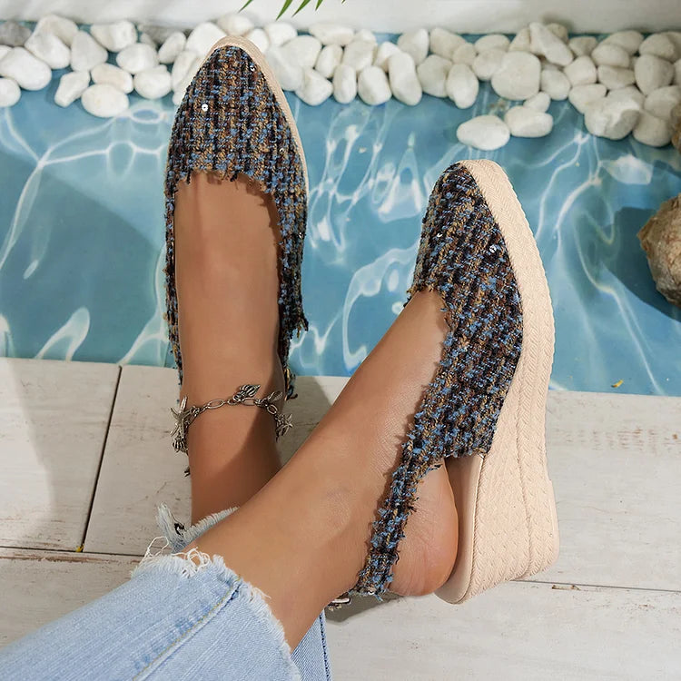 Raw Trim Pointed Toe Slingback Strap Buckle Wedge Sandals