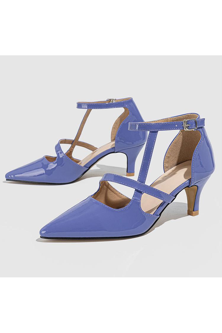 Scarpe con tacco a spillo a punta, con cinturino alla caviglia incrociato irregolare, tinta unita e fibbia