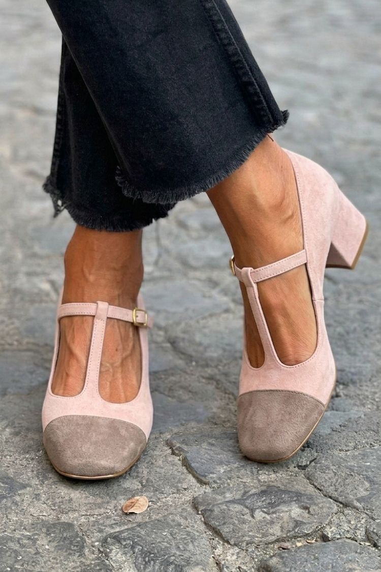 Patchwork T-Strap Buckle Round Toe Red Chunky Heels