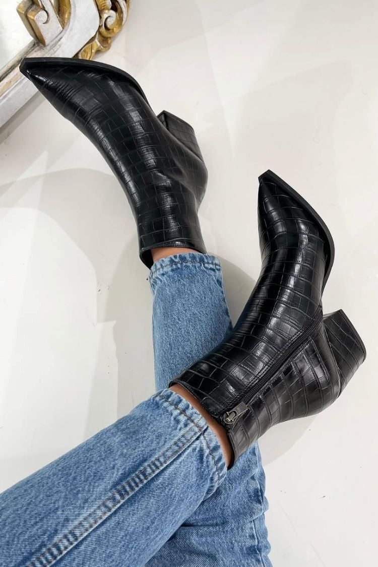 Vielseitige Stiefeletten mit Krokodilmuster, spitzer Zehenpartie, seitlichem Reißverschluss und Blockabsatz [Vorbestellung]