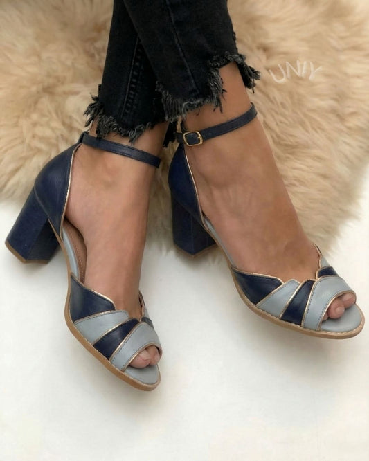 Retro Navy Blue Color Block Peep Toe Ankle Strap Heels [Pre Order]