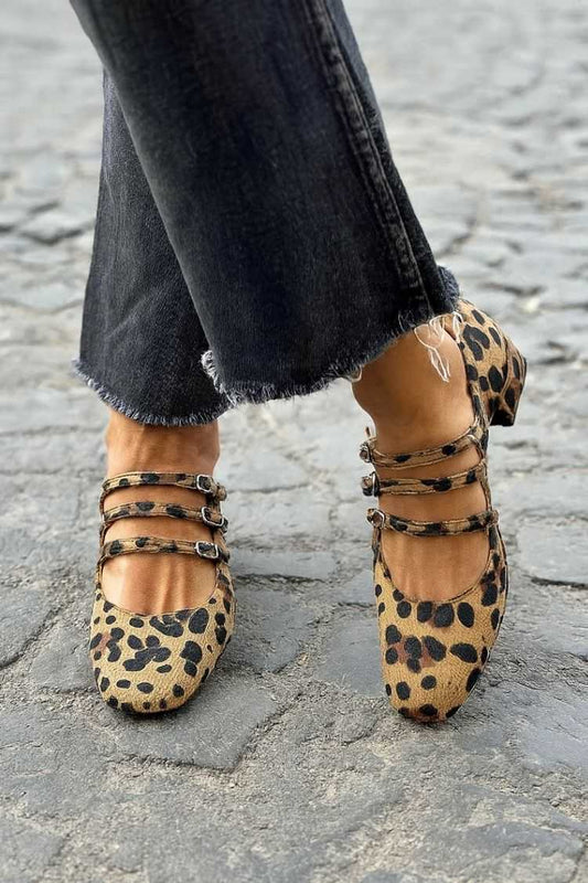 Leopard Print Triple Strap Square Toe Pumps [Pre Order]