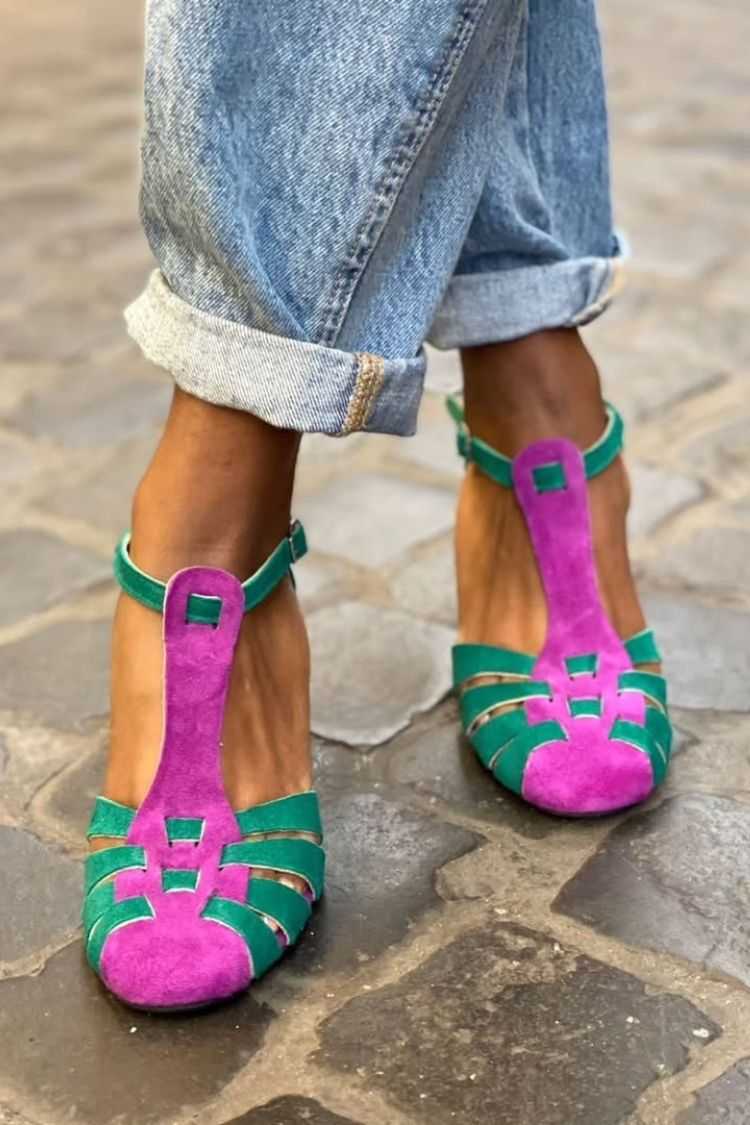 Suede T Strap Colorblock Cutout Block Heels [Pre Order]