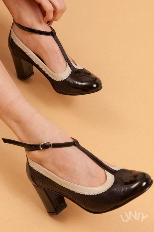 Schwarze und cremefarbene T-Riemchen Blockabsätze [Vorbestellung]