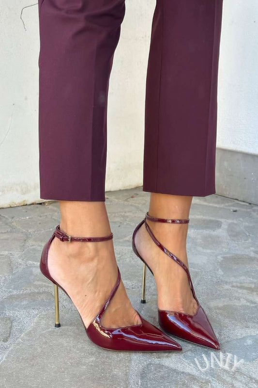 Patent Leather Pointed Toe Asymmetric Strap Stiletto Heels