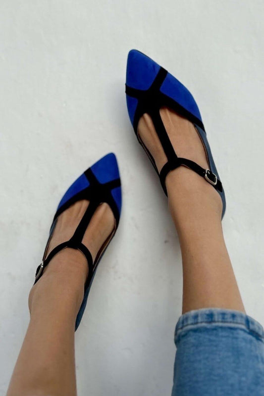 Colorblock Suede T-Strap Buckle Pointed Toe Flats [Pre Order]