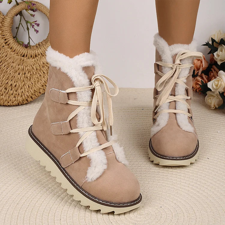 Round Toe Faux Fur Lined Lace Up Casual Snow Boots