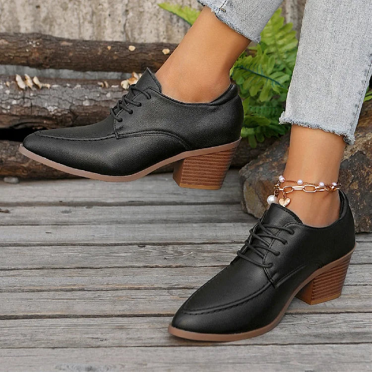 Patchwork Stitch Detail Pointed Toe Chunky Heel Lace Up Oxfords