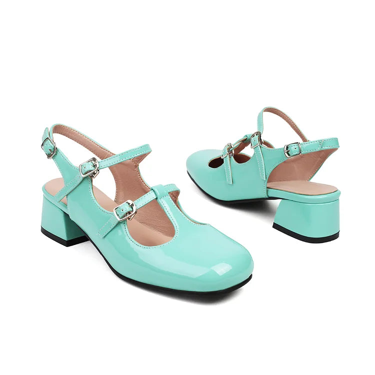 Cinghie sul collo del piede, fibbie, tinta unita, punta quadrata, cinturino posteriore, tacco grosso