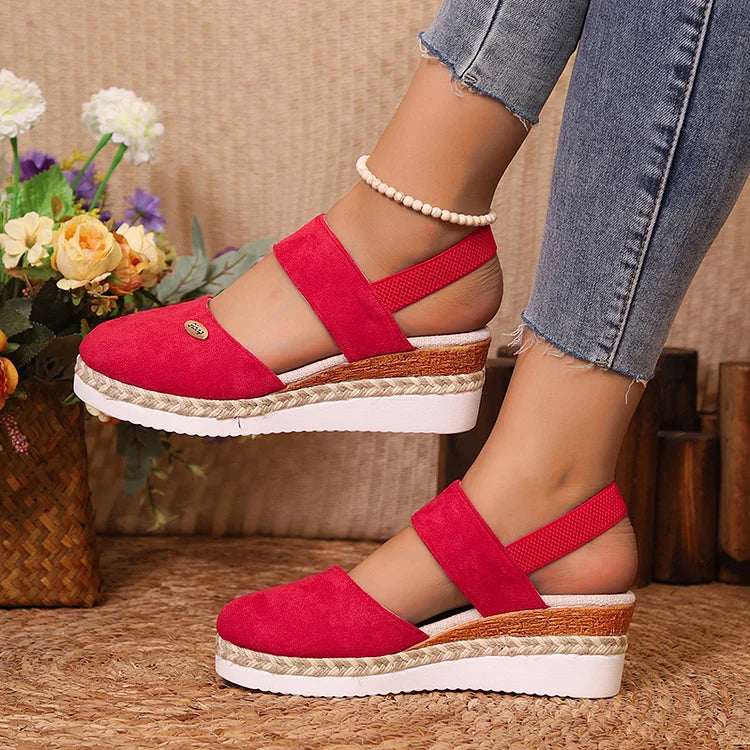 Metal Decor Slingback Strap Closed Toe Plain Espadrille Wedge Sandals