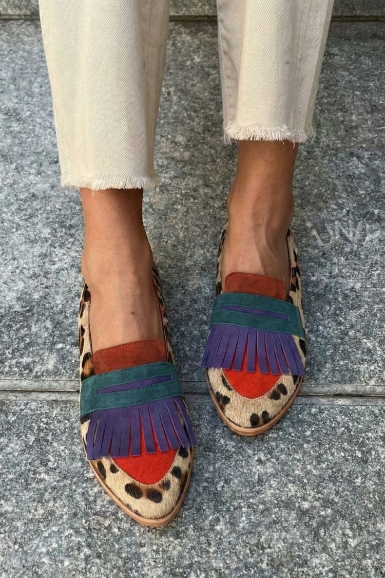Schicke Leoparden Colorblock Fransen Detail Flache Loafers [Vorbestellung]