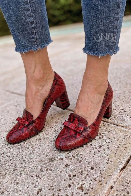Elegant Red Snake Print Bow Block Heel Pumps [Pre Order]