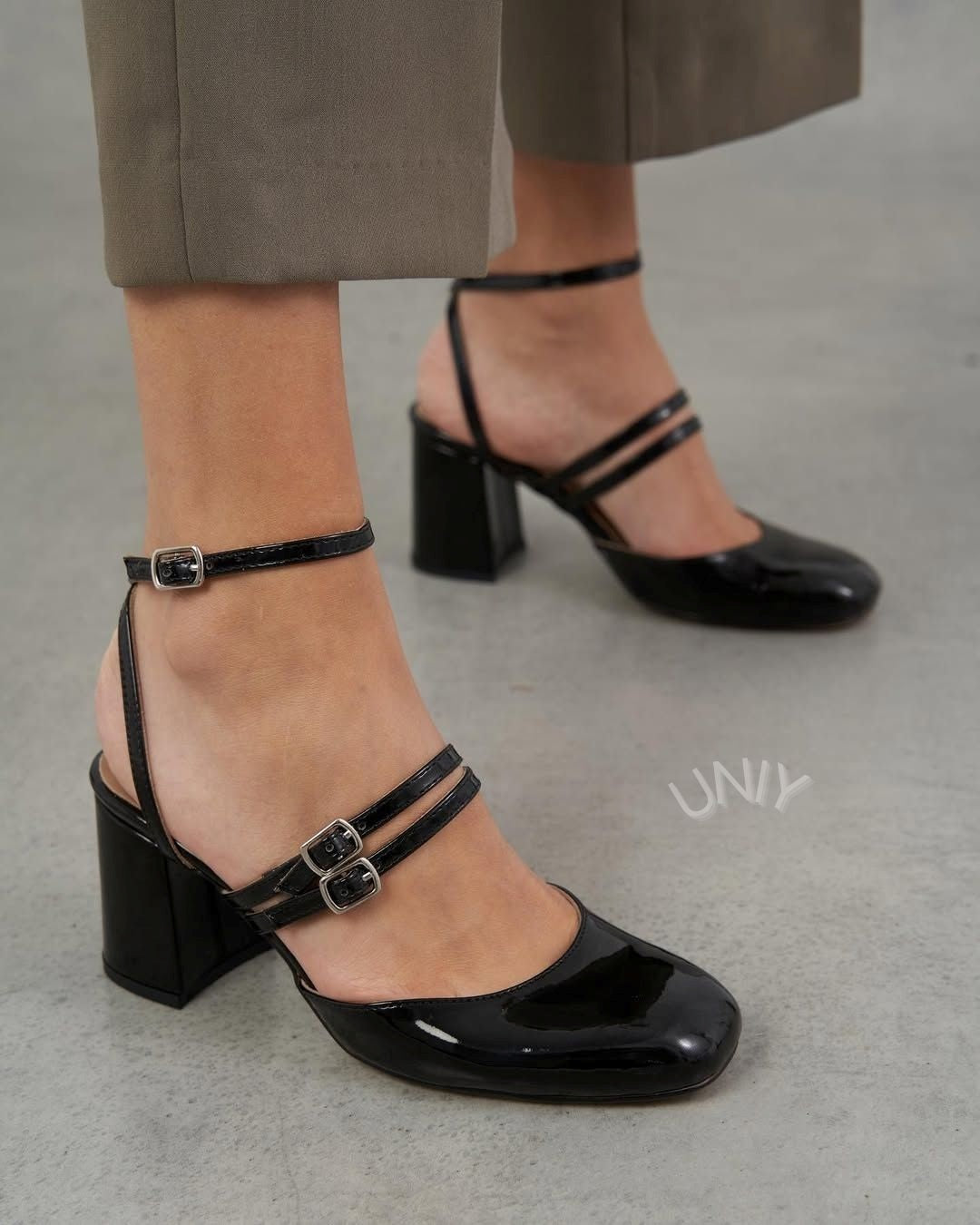 Black Patent Leather Triple Strap Block Heel Mary Jane Pumps [Pre Order]