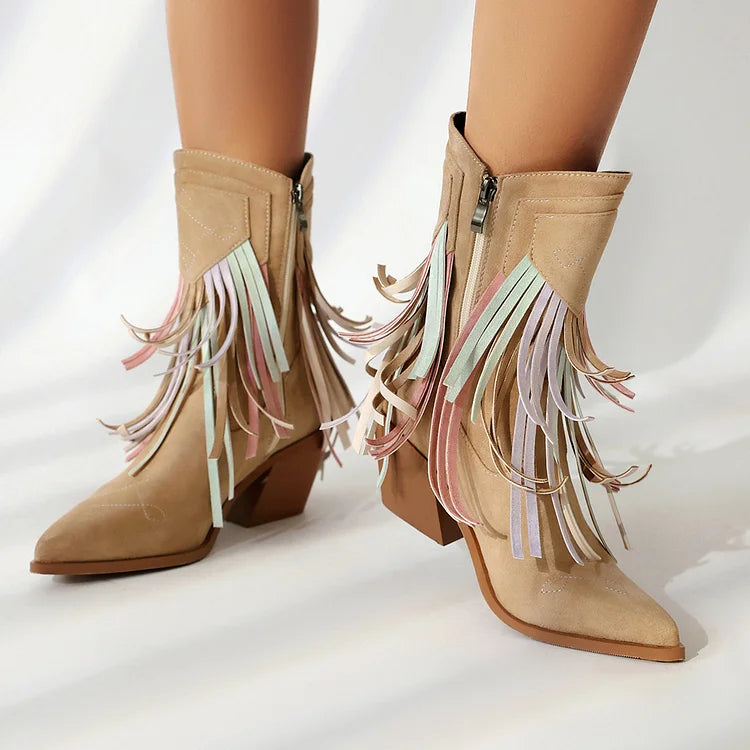 Multicolor Fringed Trim Zipper Pointed Toe Chunky Heel Western Boots