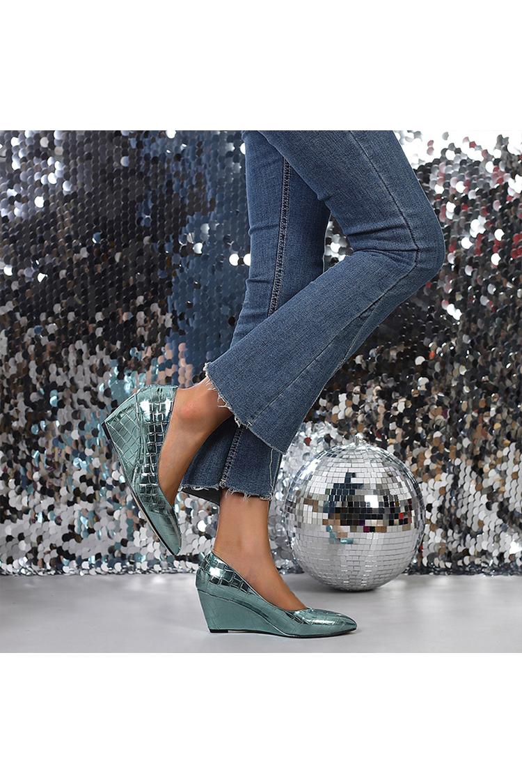 Zeppe con punta affilata, tinta unita, effetto metallizzato lucido, stampa coccodrillo