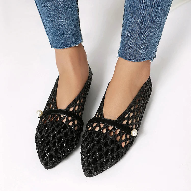 Patchwork Hollow Out Fishnet Instep Strap Pointed Toe Flats