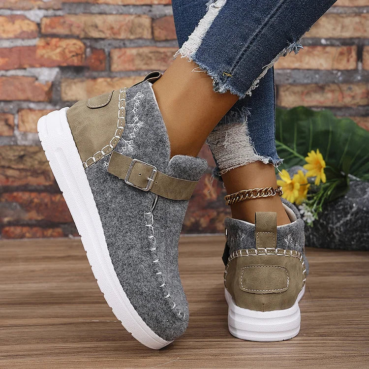 Colorblock Stitch Detail Patchwork Strap Buckle Round Toe Snow Boots