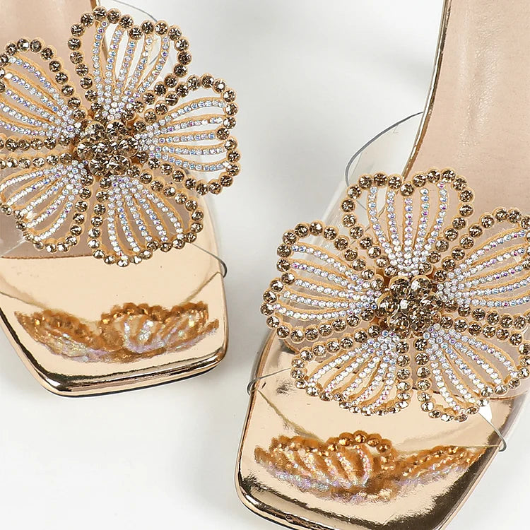 Colorblock Rhinestone Flower Decor Square Toe Sandal Heels
