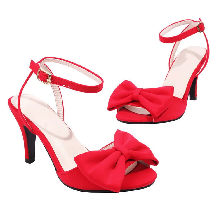 Bow Trim Peep-Toe Ankle Strap Mid Heel Stilettos