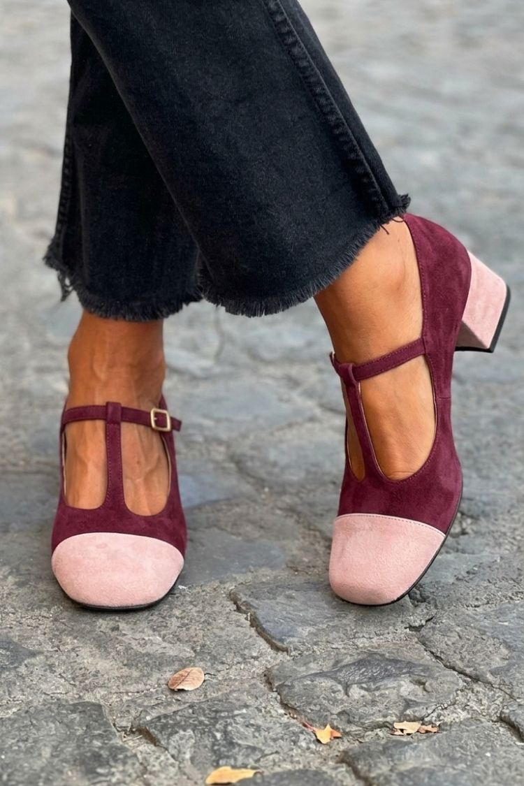Patchwork T-Strap Buckle Round Toe Red Chunky Heels